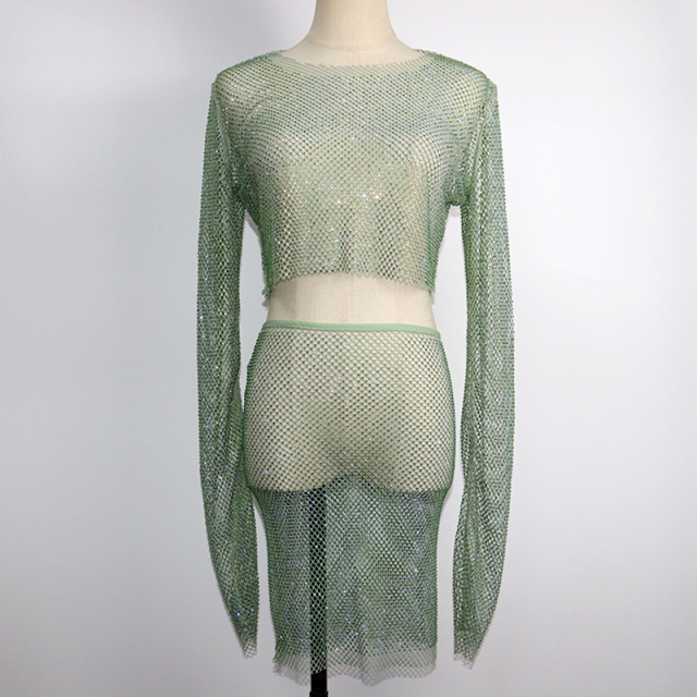 Light Green Rhinestone Mesh Skirt Sets Factory