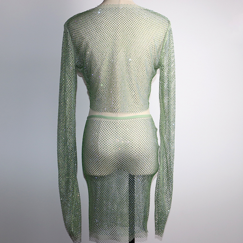 Light Green Rhinestone Mesh Skirt Sets Factory