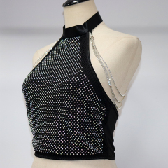 Black Backless Crystal Chain Sheer Mesh Crop Top Supplier