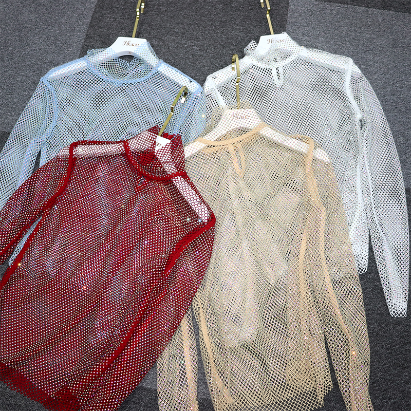 Turtleneck Long Sleeve Diamond Mesh Shirt Top Factory