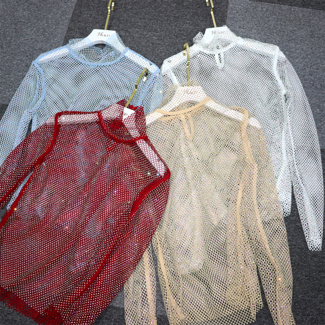 Turtleneck Long Sleeve Diamond Mesh Shirt Top Factory