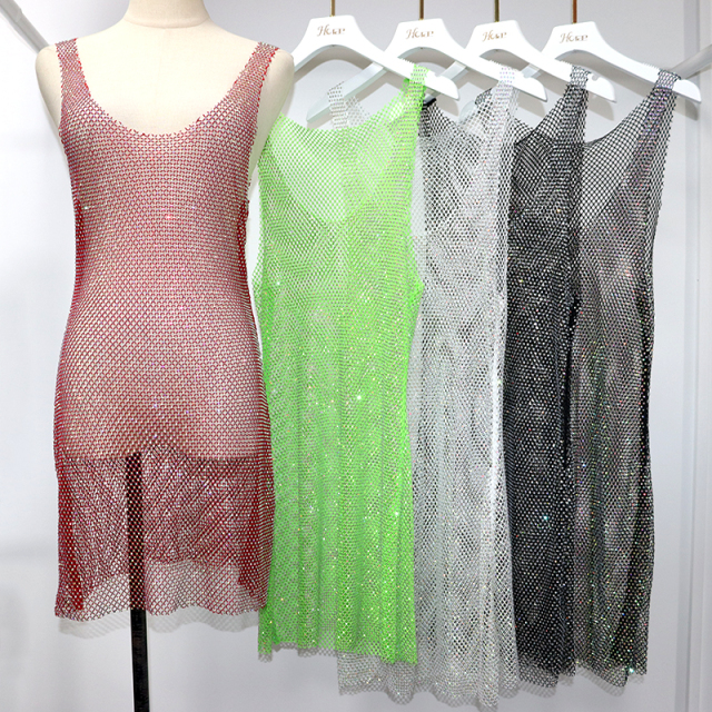 Red Rhinestone Net Mini Tank Dress Supplier