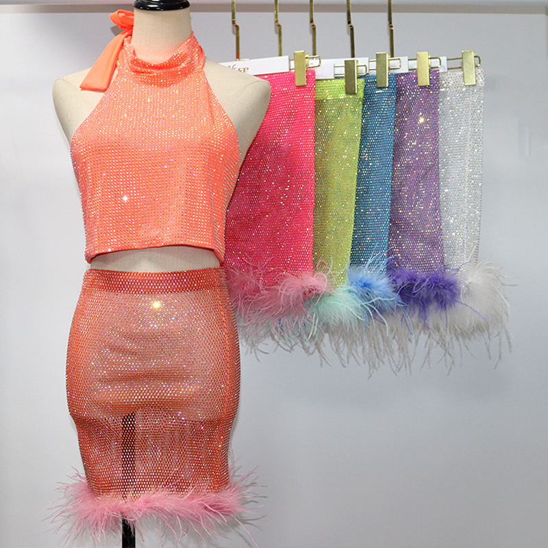 Feather Trim Plastic Rhinestone Mesh Short Pencil Skirt Wholesale