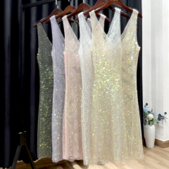 Beauty Back White Rhinestone Mesh Short Tank Dress Wholesale