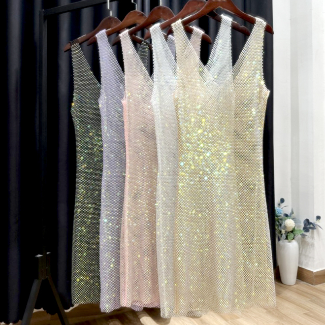 Beauty Back White Rhinestone Mesh Short Tank Dress Wholesale