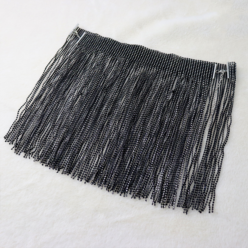Tassel Design Black Plastic Crystal Mesh Short Skirt Custom