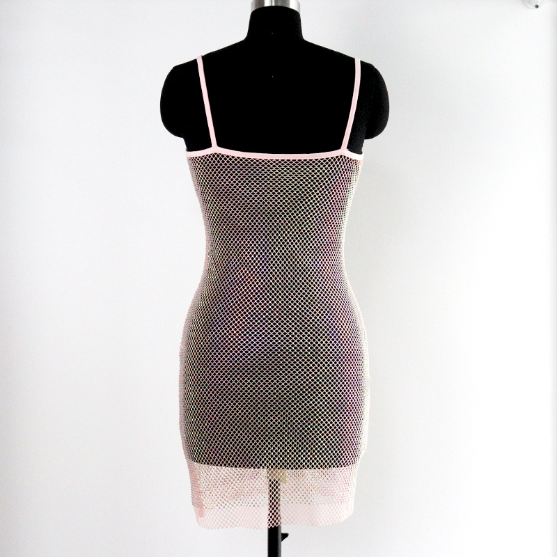 Bling Pink Crystal Mesh Spaghetti Strap Short Dress Exporter