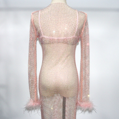 Fluffy Trim Long Sleeve Rhinestone Net Shirt Top Manufacturer