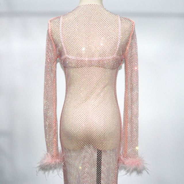 Fluffy Trim Long Sleeve Rhinestone Net Shirt Top Manufacturer