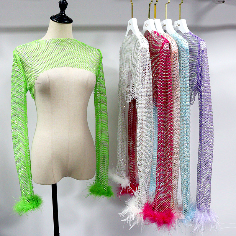 Fluffy Trim Long Sleeve Rhinestone Net Shirt Top Manufacturer