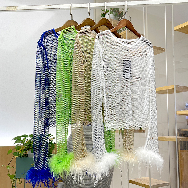 Fluffy Trimmed Long Sleeve Crystal Mesh Shirt Top Exporter