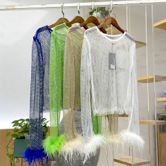 Fluffy Trimmed Long Sleeve Crystal Mesh Shirt Top Exporter