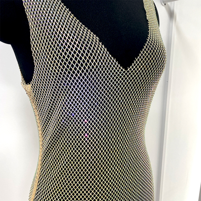 Beauty Back White Rhinestone Mesh Short Tank Dress Wholesale