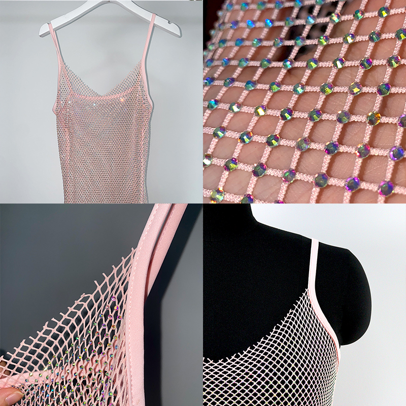 Bling Pink Crystal Mesh Spaghetti Strap Short Dress Exporter