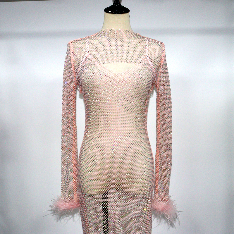 Fluffy Trim Long Sleeve Rhinestone Net Shirt Top Manufacturer