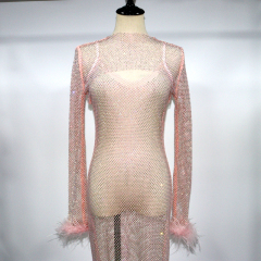 Fluffy Trim Long Sleeve Rhinestone Net Shirt Top Manufacturer