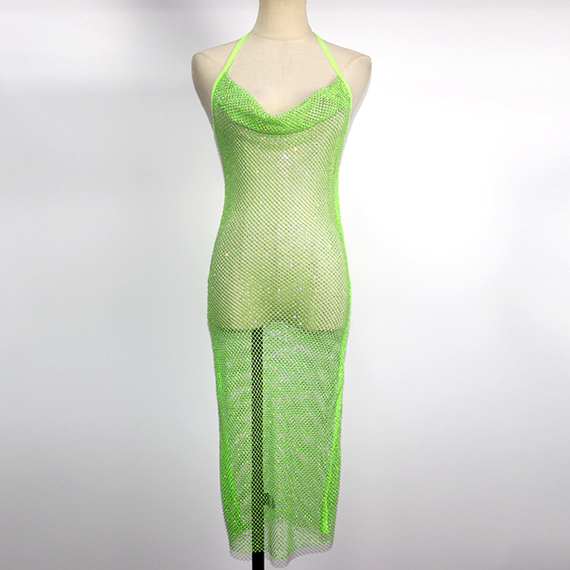 Fluorescent Color Backless Diamond Mesh Long Dress Exporter