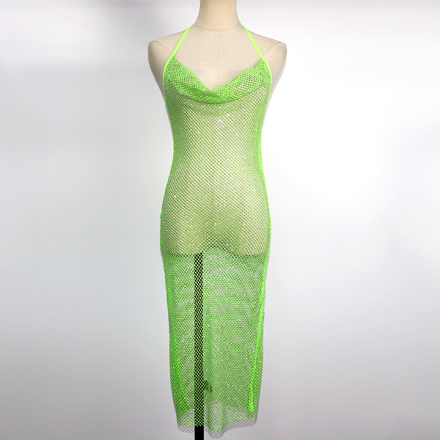 Fluorescent Color Backless Diamond Mesh Long Dress Exporter
