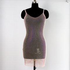 Bling Pink Crystal Mesh Spaghetti Strap Short Dress Exporter