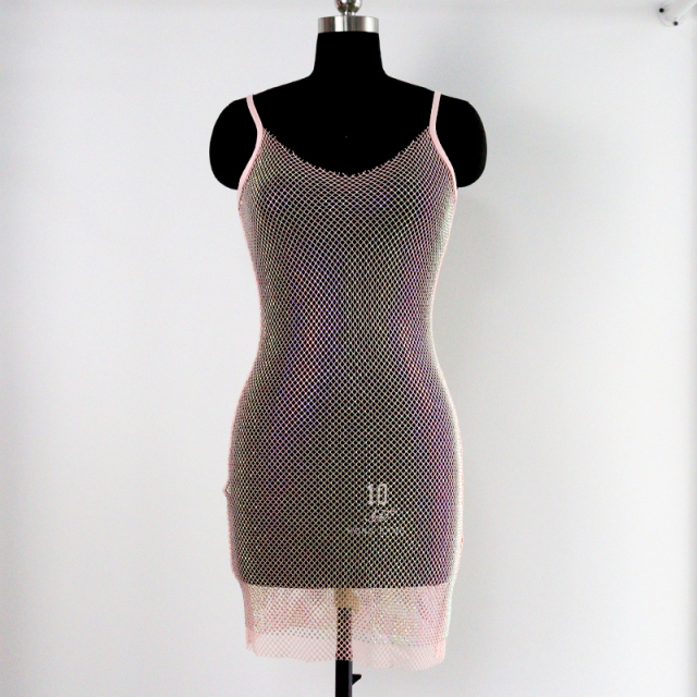Bling Pink Crystal Mesh Spaghetti Strap Short Dress Exporter