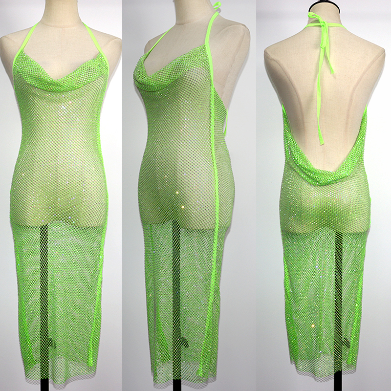 Fluorescent Color Backless Diamond Mesh Long Dress Exporter