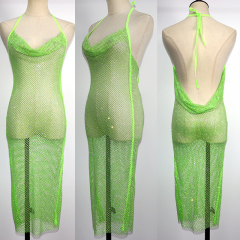 Fluorescent Color Backless Diamond Mesh Long Dress Exporter