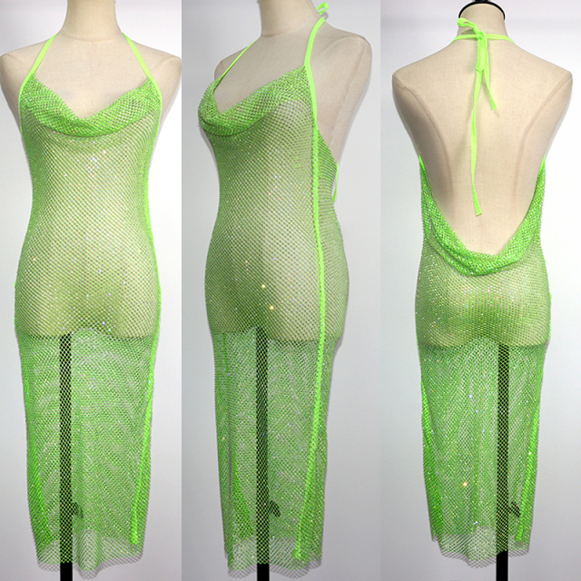 Fluorescent Color Backless Diamond Mesh Long Dress Exporter