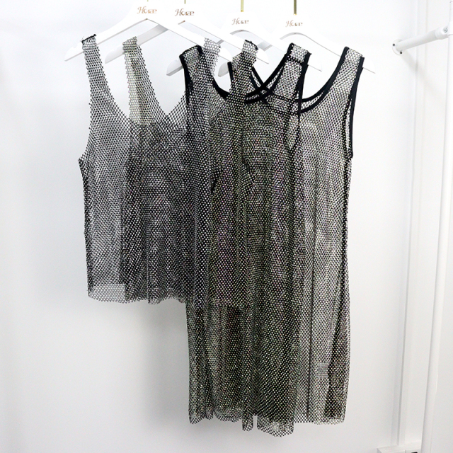 Loose Black Diamond Net Short Tank Dress Supplier