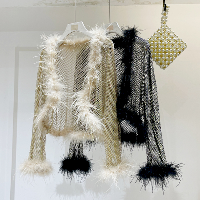 Fluffy Fringe Diamond Net Cover Up Top Custom