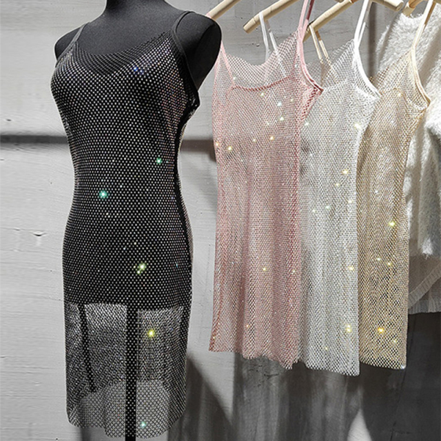 Bling Pink Crystal Mesh Spaghetti Strap Short Dress Exporter