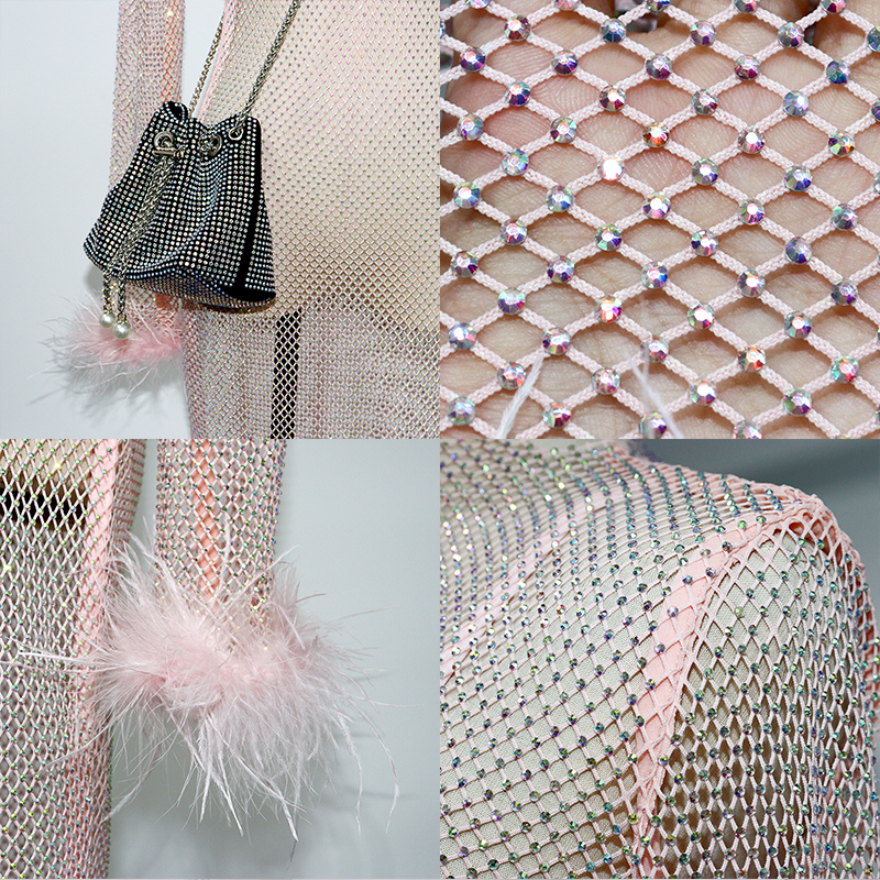 Fluffy Trim Long Sleeve Rhinestone Net Shirt Top Manufacturer