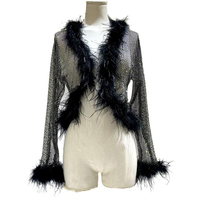 Fluffy Fringe Diamond Net Cover Up Top Custom