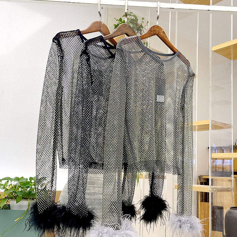 Fluffy Trimmed Long Sleeve Crystal Mesh Shirt Top Exporter