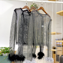 Fluffy Trimmed Long Sleeve Crystal Mesh Shirt Top Exporter