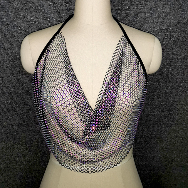 Black See Through Diamante Net Halter Crop Top Factory