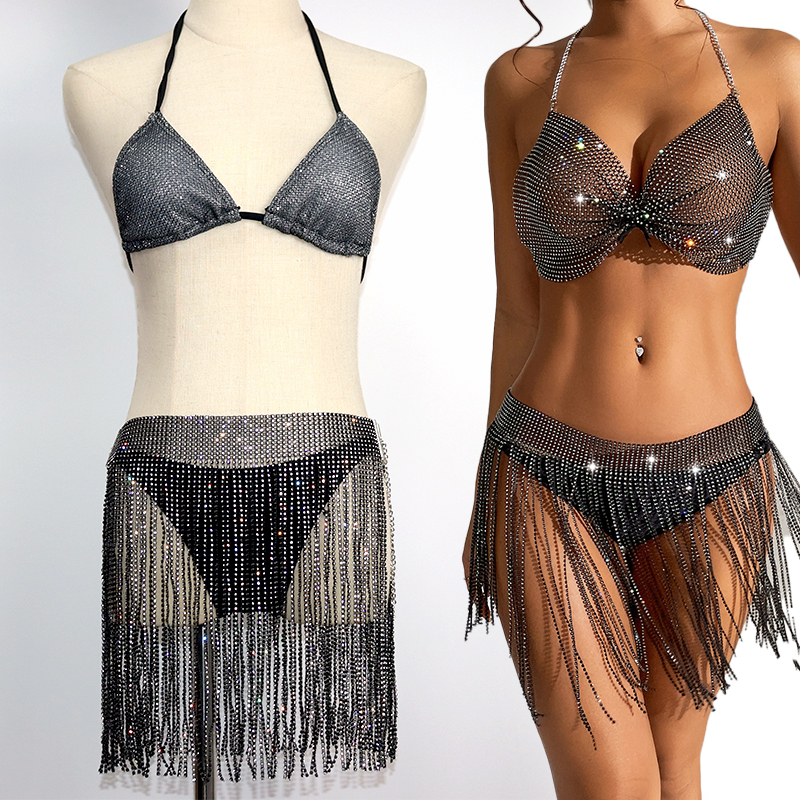 Tassel Design Black Plastic Crystal Mesh Short Skirt Custom