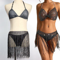 Tassel Design Black Plastic Crystal Mesh Short Skirt Custom
