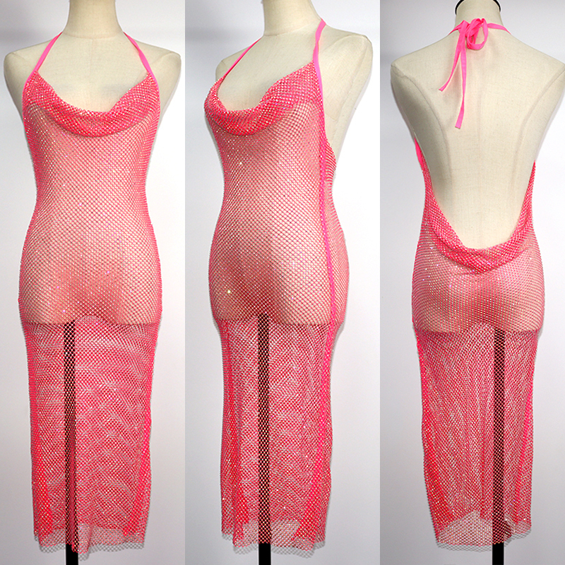 Fluorescent Color Backless Diamond Mesh Long Dress Exporter
