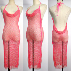 Fluorescent Color Backless Diamond Mesh Long Dress Exporter