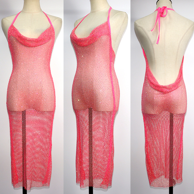 Fluorescent Color Backless Diamond Mesh Long Dress Exporter
