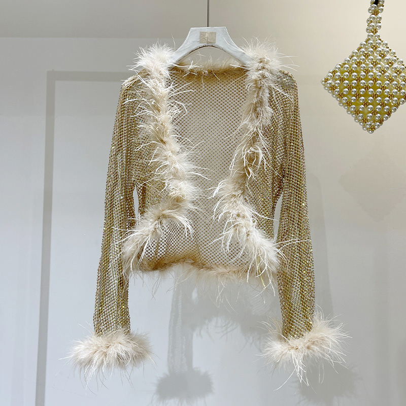 Fluffy Fringe Diamond Net Cover Up Top Custom