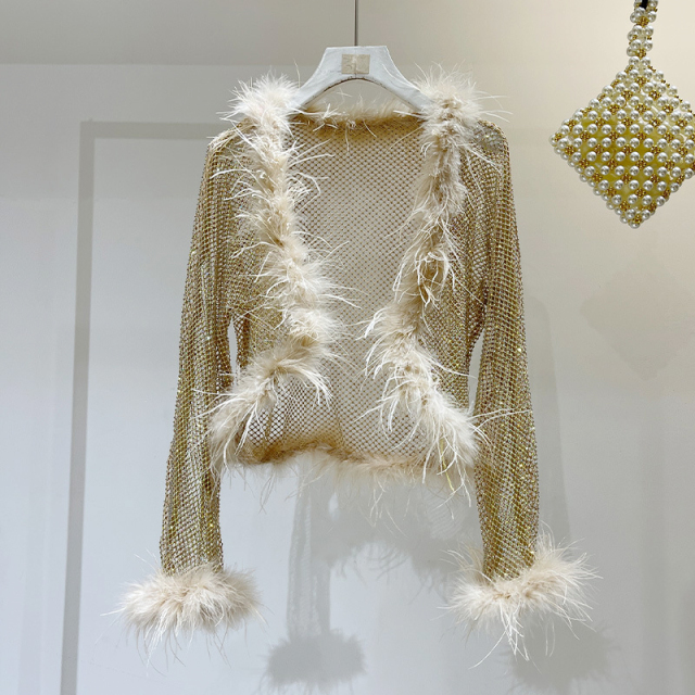 Fluffy Fringe Diamond Net Cover Up Top Custom