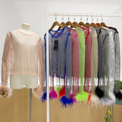 Fluffy Trimmed Long Sleeve Crystal Mesh Shirt Top Exporter