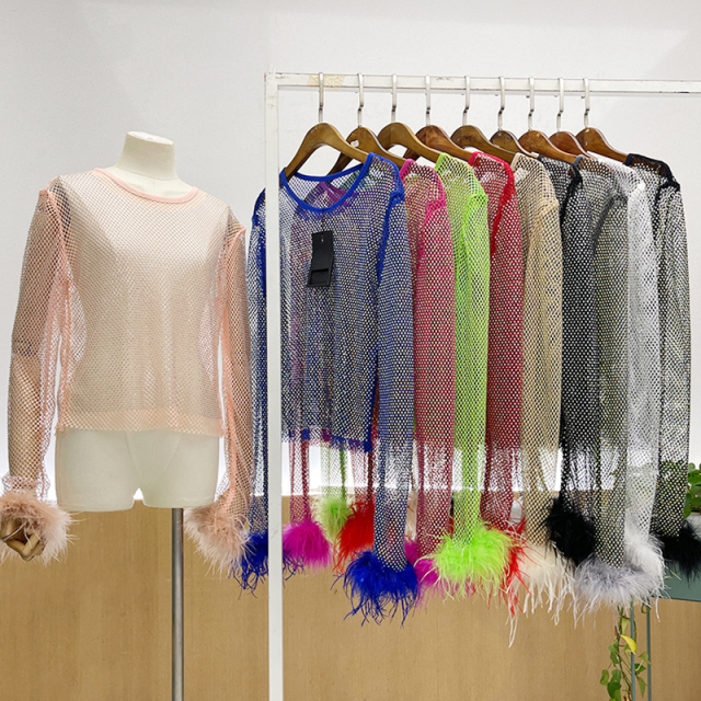 Fluffy Trimmed Long Sleeve Crystal Mesh Shirt Top Exporter