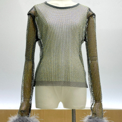 Fluffy Trimmed Long Sleeve Crystal Mesh Shirt Top Exporter