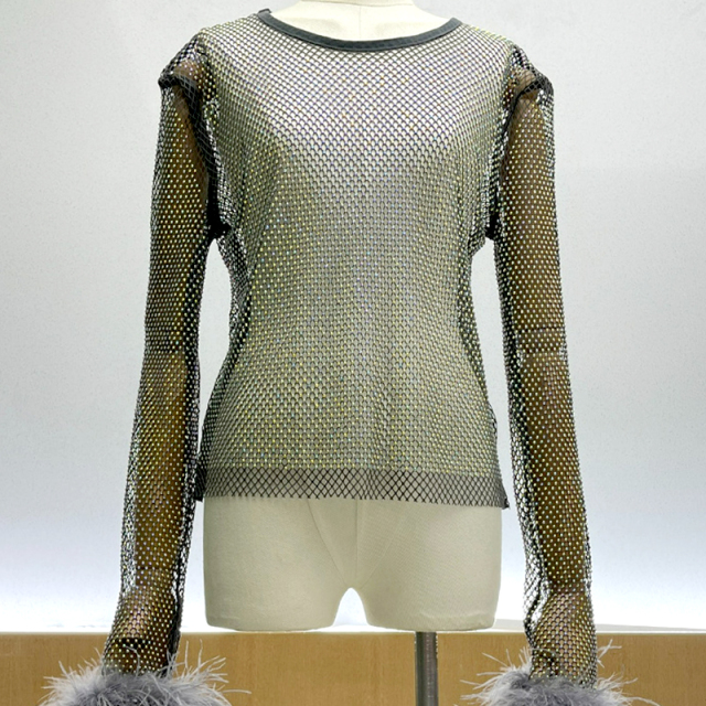 Fluffy Trimmed Long Sleeve Crystal Mesh Shirt Top Exporter