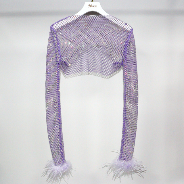 Fluffy Trim Long Sleeve Rhinestone Net Shirt Top Manufacturer