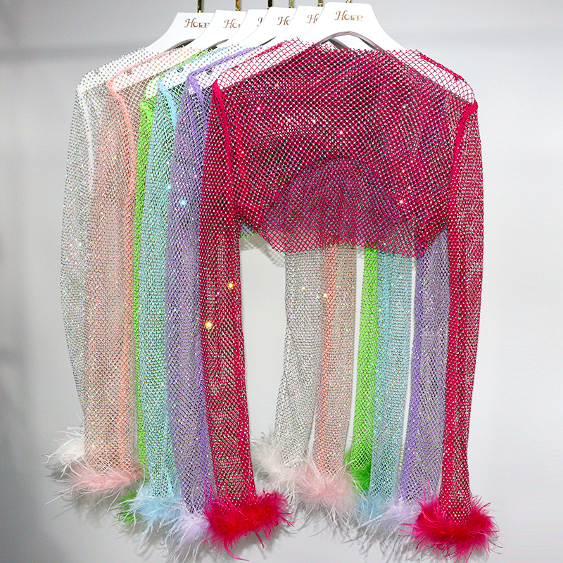 Fluffy Trim Long Sleeve Rhinestone Net Shirt Top Manufacturer