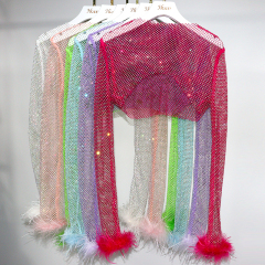 Fluffy Trim Long Sleeve Rhinestone Net Shirt Top Manufacturer