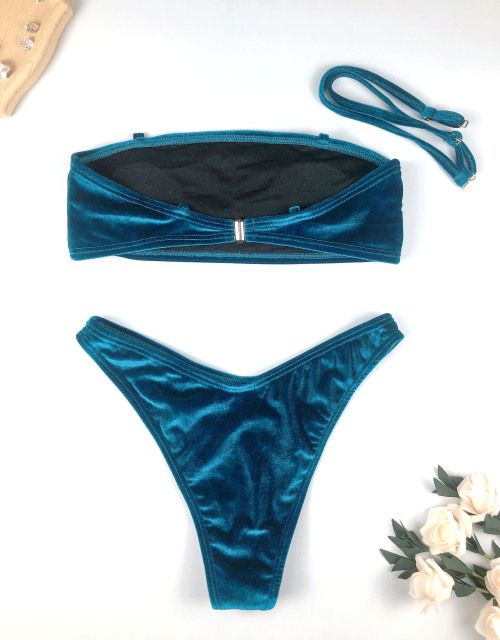 Blue Detachable Shoulder Strap Velvet Bikini Set Exporter